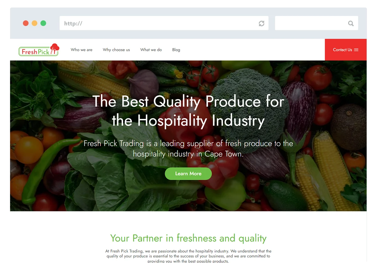 Image of the Fresh Pick Trading Cape Town website. The website is a modern and stylish design, with a focus on fresh produce. The website is easy to use and navigate, and it provides information about Fresh Pick Trading's products, services, and locations.