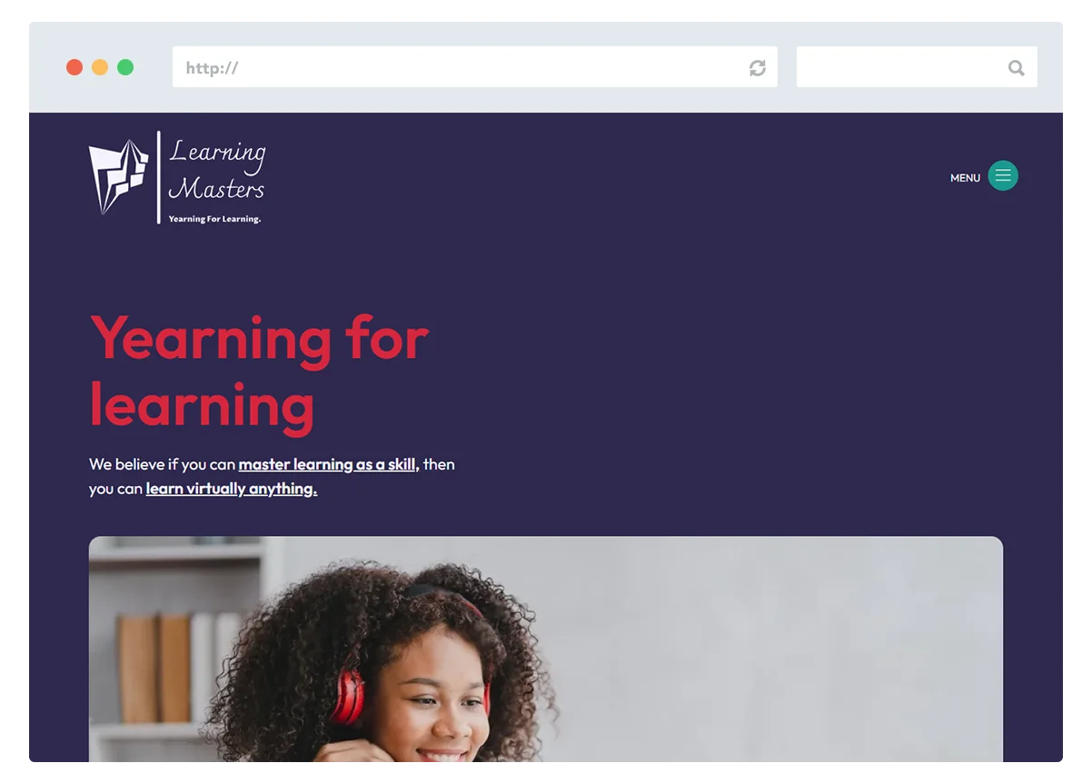 Learning Masters website with a clean, modern, and intuitive design. The content is well-organised and the use of energetic and vibrant colors appeals to young people, their primary audience.